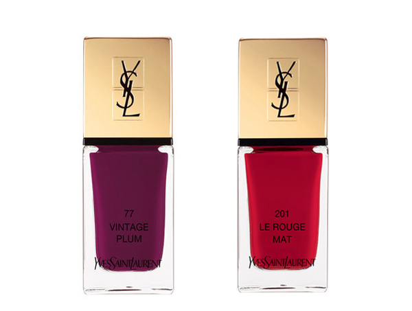 Лак для ногтей Couture Fall Look 2016 (ограниченный выпуск); слева - в цвете 77 Vintage Plum (ограниченный выпуск), справа - в цвете 201 Le Rouge (новинка), YSL