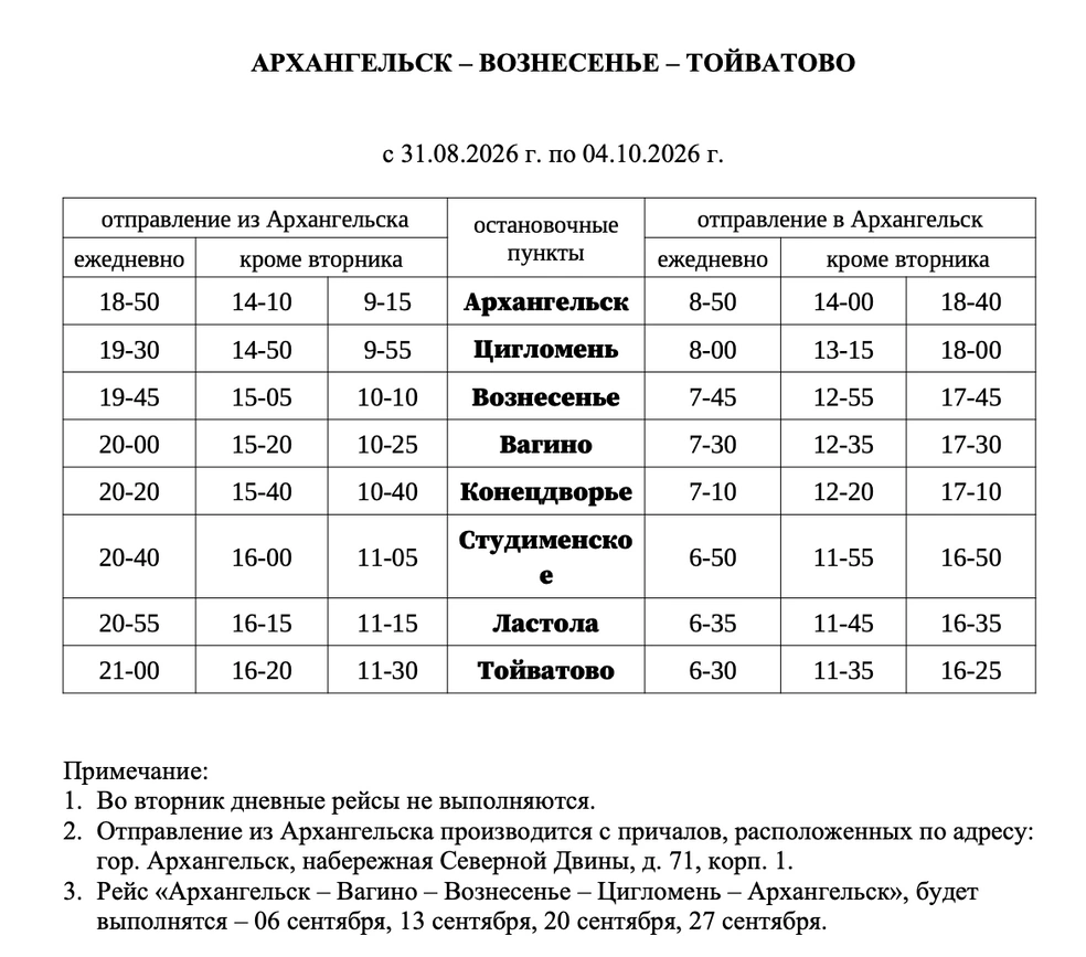 Расписание с 31 августа по 4 октября | Источник: arpnet.ru