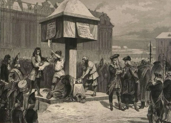 Граф Остерман на эшафоте | Источник: репродукция тип. Ф.&nbsp;А.&nbsp;Брокгауза в Лейпциге, изд. В.&nbsp;Е.&nbsp;Генкеля в СПб. Кон. XIX&nbsp;— нач. XX вв. Государственный исторический музей