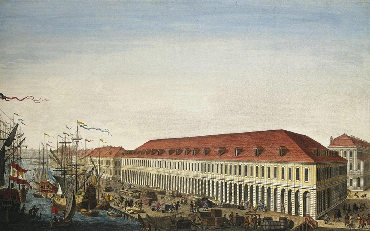 Гостиный двор и биржа. Гравюра по рисунку Михаила Махаева (1749) | Источник: Wikimedia Commons