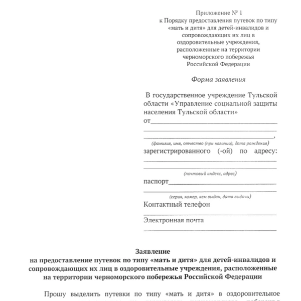 Такое заявление придется заполнить для получения путевки | Источник: Правительство Тульской области