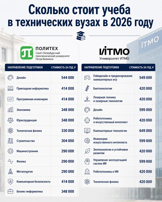 Четыре года учебы в Политехе будут стоить от 1,2 до 2,2 млн, в ИТМО&nbsp;— от 1,7 до 2,2&nbsp;млн рублей. | Источник: Сайты вузов/Chat GPT