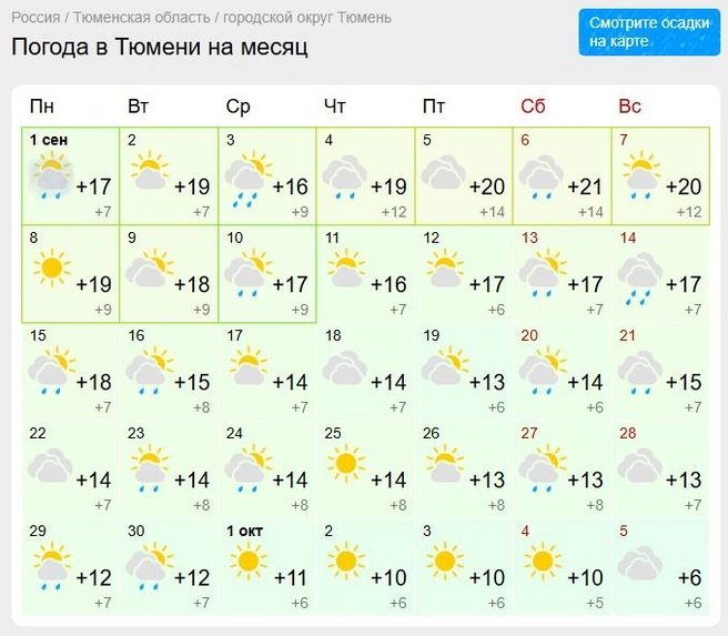 Прогноз на месяц от «Гисметео» | Источник: weather-tyumen / gismeteo.ru