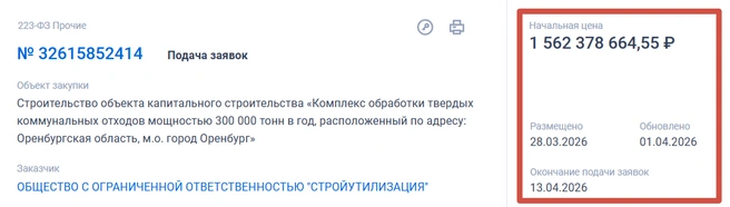 Обнародованный тендер | Источник: «Госзакупки»