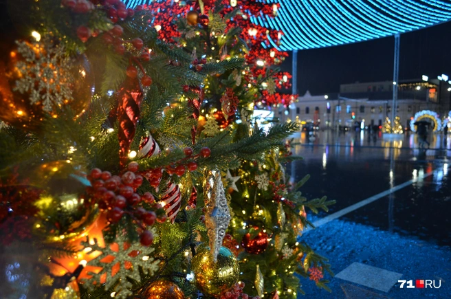 Если вам вдруг стало интересно, как украшены ёлки у опор&nbsp;— тут тоже все в порядке | Источник: Максим Улитов / 71.RU