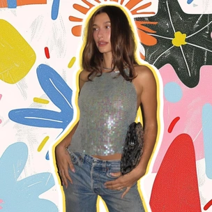 Топ с пайетками и джинсы: простая идея, как одеться на Новый год 2026 от Хейли Бибер