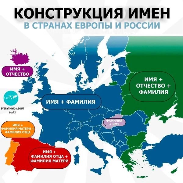 Как составляются и чем отличаются имена в России и в Европе | Источник: Everything About Maps