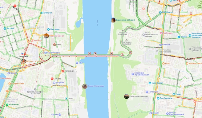 Пробка на Молитовском мосту в Нижнем Новгороде | Источник: «Яндекс. Карты»