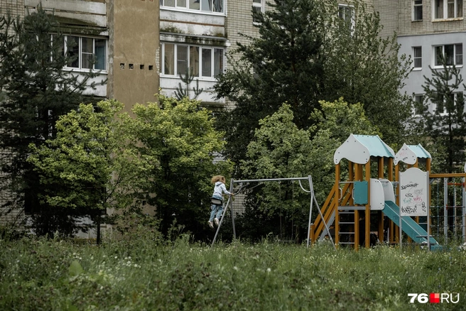 Новая детская площадка освежает вид хмурых многоэтажек | Источник: Александр Куренной / 76.RU