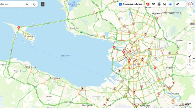 Пробки в Петербурге выросли до 7 баллов. ЗСД и КАД вновь открыты | Источник: «Яндекс. Карты»