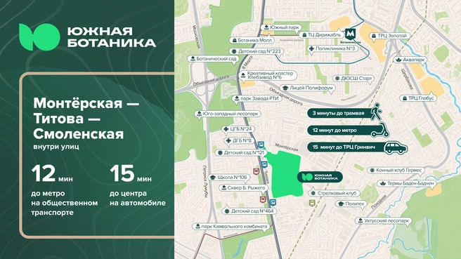 В 10–15 минутах ходьбы расположены парк Камвольного комбината, Чкаловский парк и Ботанический сад | Источник: «Гринвич недвижимость»