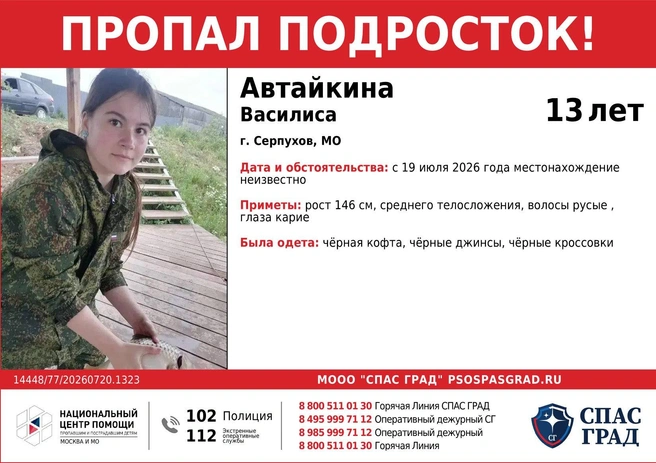 Девочка была одета в темную одежду. Если вы ее видели, позвоните, по указанным номерам | Источник: Спасград / T.me