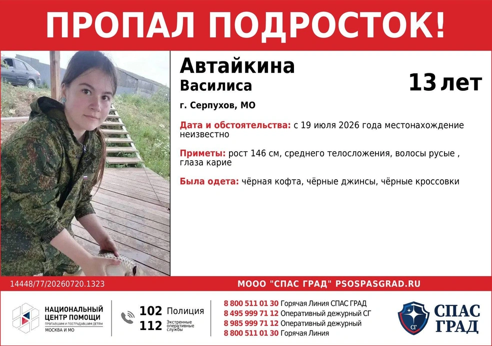 Ориентировка на Василису | Источник: Спасград / T.me, волонтеры