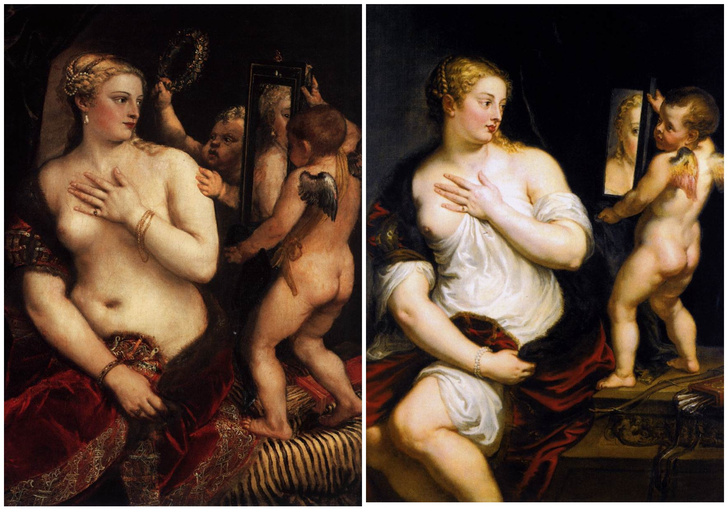 1) Тициан Вечеллио «Венера у зеркала» (1554-55 годы), 2) Питер Пауль Рубенс «Венера и Купидон». (1608 год)