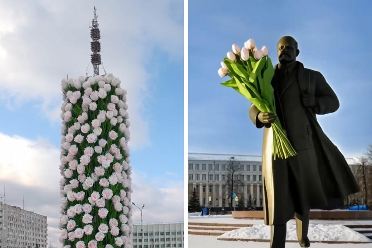 Высотка зацвела, а Ленин поздравляет северянок: нейросеть оживила Архангельск к 8 марта