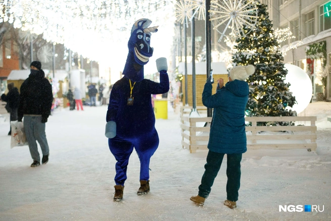 На груди у лошади бейдж, на котором написан прайс. Но даже журналистка НГС со стопроцентным зрением не смогла понять всё, что на нем написано, стоя всего в двух метрах от аниматора | Источник: Андрей Бортко / NGS.RU