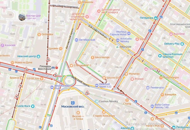 Пробки: возле Московского вокзала, Пушкинская, улица Восстания, Суворовский | Источник: «Яндекс.Карты»