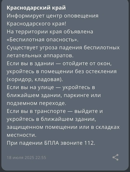 Такое уведомление пришло жителям Краснодарского края вечером | Источник: Приложение МЧС России