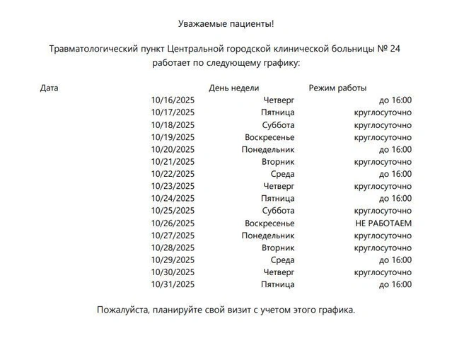 С таким графиком работал травмпункт больницы № 24. Проверяйте расписание на сайте больниц перед визитом | Источник: cgkb24.ru
