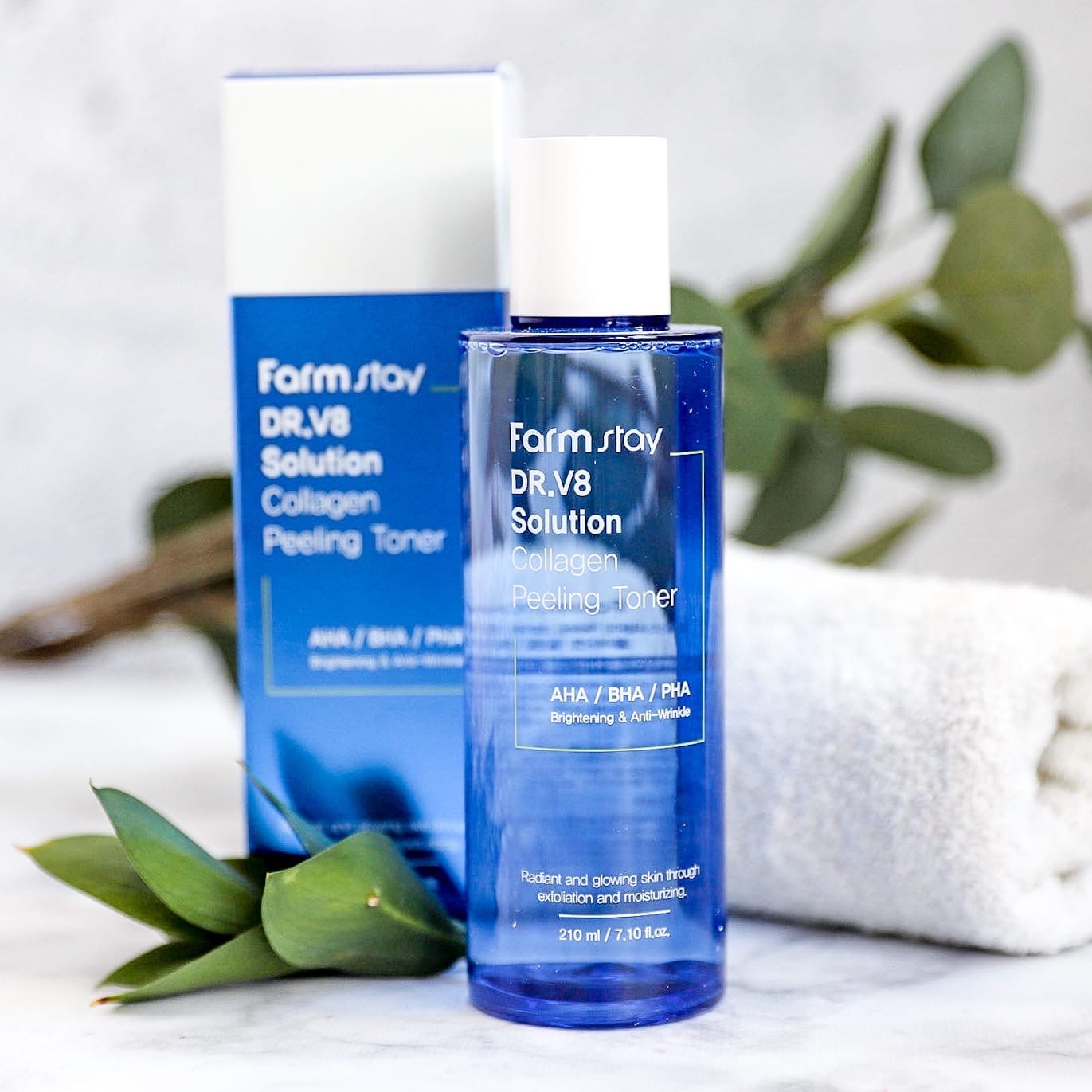 ����������� ����������� ����� � ���������� � aha/bha/pha ��������� FarmStay Dr.v8 Solution Collagen Peeling Toner - ��������� ������������� � �������-������