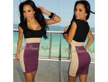 Plum Black Color-Block Cap Sleeves  (B879) - 2000+���%