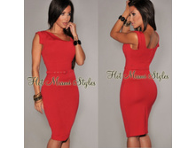 Scarlett Red Belted Pencil Knee Length Dress (D700) - 2700�+%���